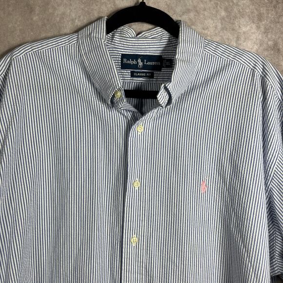 Ralph Lauren Shirt Mens XL Blue White Striped Seersucker Button Down Classic Fit - Picture 2 of 9